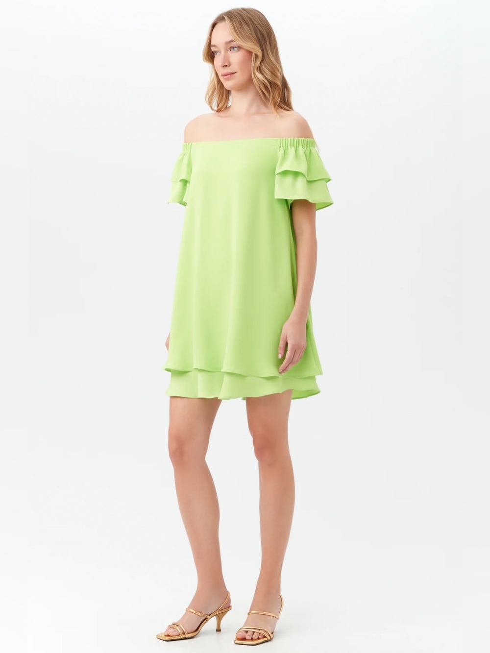 Trina Turk PIPER DRESS Off-Shoulder Ruffle Swing Dress in Lime